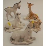 Five USSR porcelain models, of animals, two horses, a donkey, a giraffe and a zebra