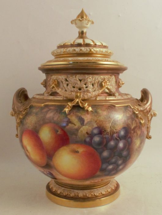 A Royal Worcester covered bow piece, decorated half round with hand painted fruit by Ayrton, shape