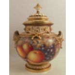 A Royal Worcester covered bow piece, decorated half round with hand painted fruit by Ayrton, shape