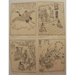 Tachibana Morikuni, four Japanese woodcut prints, all unframed, 8ins x 6ins