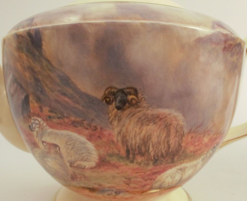 F Clark, a porcelain tea pot, decorated with Sheep in landscape to the front, height 7ins, - Image 2 of 7