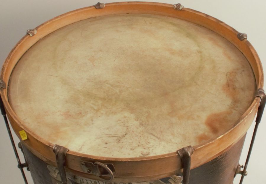 A wooden drum, painted with a coat of arms, diameter 16ins, height 13.75ins - Image 3 of 3