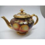 A Royal Worcester tea pot, decorated all around with hand painted fruit by Freeman, height 6.5ins