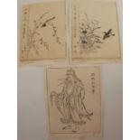 Kano Tanyu, three Japanese woodcut prints, two of birds and flowers, the other of a man, all