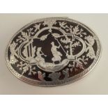 A silver and tortoiseshell oval snuff box, decorated with figures, birds and leaves, Birmingham