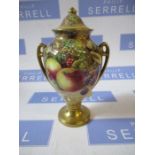 A covered vase, decorated with fruit, signed cox - No back stamp, gilding slightly rubbed, chip to