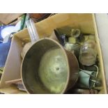 A box of metalware lamps etc