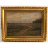 George Thomas Rope, two oil on boards, figure walking on a path, 7.5ins x 11ins and village scene,