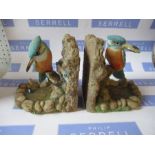 A pair of resin kingfisher bookends, together with three glass items