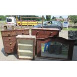 Two Victorian chest of drawers, a glazed wall cabinet, overmantel mirror, stool, and a rack