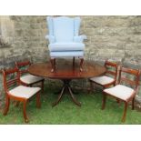 A reproduction dining table and four chairs, width 48ins, length maximum 63ins, height 29ins,