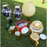 A Royal Worcester gold tea set, together with a pair of vases, thimbles, glass brandy balloon and