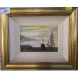 Cecilia Kelliher, oil on canvas, figures on a harbourer side with boats at sea, 4.5ins x 6.5ins