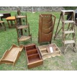 Three sets of wooden wall shelves, a magazine rack, a corner set of floor standing shelves, a mirror