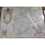 A Saxton coloured map of Staffordshire, 16ins x 21ins together with a map of Herefordshire and a