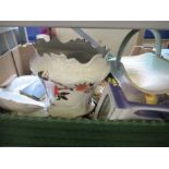 A box of assorted china to include clock, cache pot, collectors plates, etc.