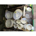 Two boxes of sundry china and glass, to include boxed Aynsley, glass clock, blue and white,