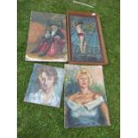 E H Hargrave*, four oil on board, portraits, trapeze artist and man in 18th century dress, (*see