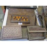 A collection of wooden boxes and box parts, some with inlaid decoration