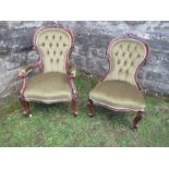A Victorian deep button back Grandfather's and Grandmother's chair, with green upholstery