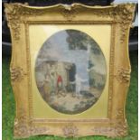 A Victorian oval tapestry picture, of figures outside a cottage, maximum diameter 14ins, together