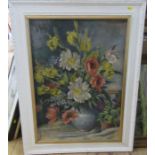 An oil on canvas, still life of flowers, the reverse painted with a female study, 29ins x 20ins