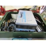 A box of electrical items, to include leads, converters, boxed Home Theatrer Copy Center, etc.
