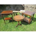 A collection of furniture, to include occasional tables, repro drum table, magazine rack, etc.