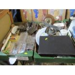 Two boxes of assorted sundries, to include barometer, fish plate, sardine dishes, fish moulds,