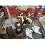 A box of assorted sundries to include dog bookends, two Royal Doulton swan models, egg timer,