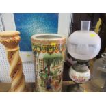 Oil lamp, oriental style cylinder vase and stoneware stand