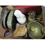 Box to include oil lamp, bust, Welsh gold  mine quartz, etc.