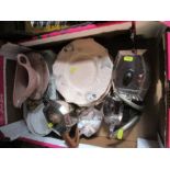 A box of assorted china and silver plated items, to include teapot, fish plates and sauce boat,