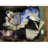 A box of assorted sundries to include 19th century style china, riding silk and crop, etc.
