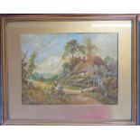 J W Jackson, pair of oil on paper, rural scenes with cottage and figure, 11ins x 15ins, together