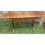 A 19th century rosewood and satinwood sofa table, fitted with a pair of end fall flaps, two real