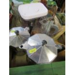 A box of assorted kitchen sundries to include espresso pots, carafes, boards, etc.