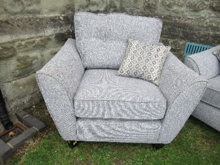 A two seat sofa, together with a single armchair, in grey upholstery, with fire labels - Image 3 of 4