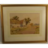 C H C Baldwyn, watercolour, rural scene with thatched half timbered cottage and rose garden, 10ins x
