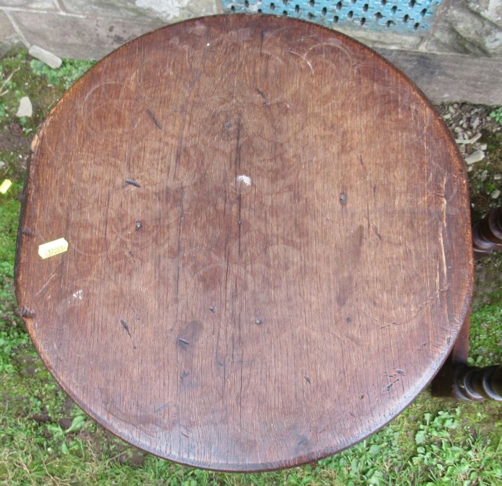 An Antique cricket style table, with circular top and raised on three legs, diameter 16ins, height - Image 2 of 4