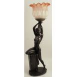 An Art Deco style plaster lamp base, formed as a naked female with her knee on a pedestal,