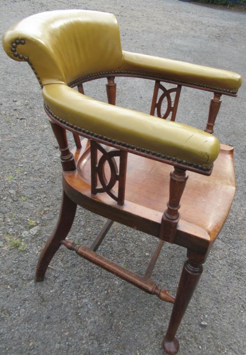 A mahogany desk chair, the curved back with upholstered upper section, raised on turned spindles and - Image 2 of 4