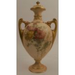 A Royal Worcester blush ivory covered pedestal vase, decorated with floral sprays, shape number