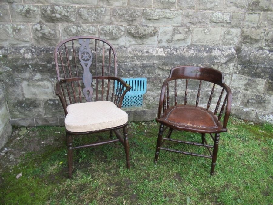 A  Windsor chair, splat damaged and restored, split to back stretcher, together with a tub chair