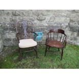 A  Windsor chair, splat damaged and restored, split to back stretcher, together with a tub chair