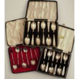 Three cased sets of hallmarked silver teaspoons, to include coffee bean spoons