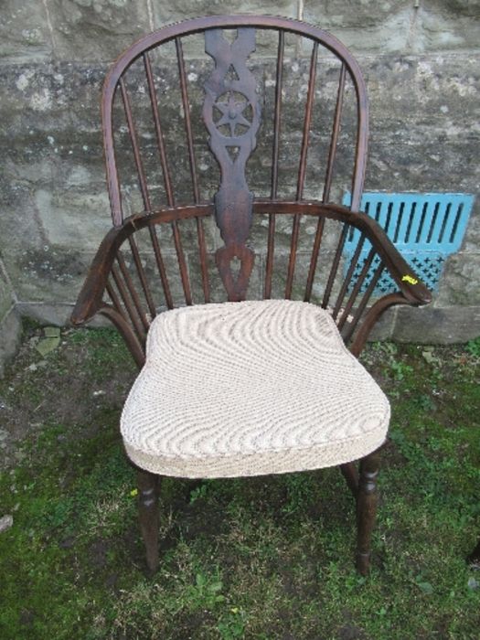 A  Windsor chair, splat damaged and restored, split to back stretcher, together with a tub chair - Image 4 of 5