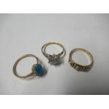 A 15 carat gold seed pearl set ring, together with a 9 carat gold oval turquoise ring, and a 9 carat