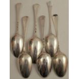 Six mid 18th century silver picture back serving spoons, all with different bottom marks, engraved