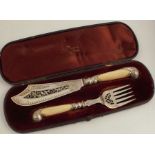 A Mappin & Webb cased pair of silver plated fish servers, with pierced and engraved decoration